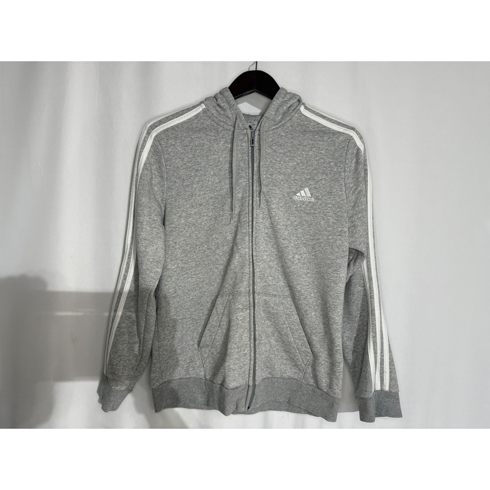 Adidas Mens Essentials 3-Stripes Full Zip Hoodie Grey Heather Fleece Large